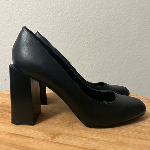 Charles & Keith Shoes - Charles + Keith Retro Block Heels Black Faux Leather Chunky Pumps Women's 39